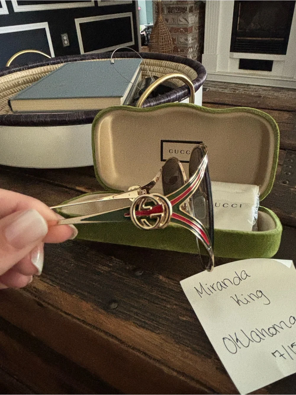 Gucci Gold Frame Sunglasses with Dark Gray Lenses and Green Case